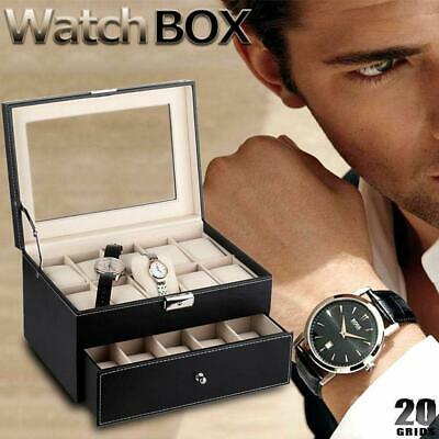 20 Slot Grids Watch Box Leather Display Case Organizer Glass Jewelry Storage Bk