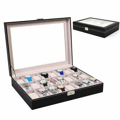 24 Slot Leather Watch Box Jewelry Large Storage Space Organizer W/glass Top