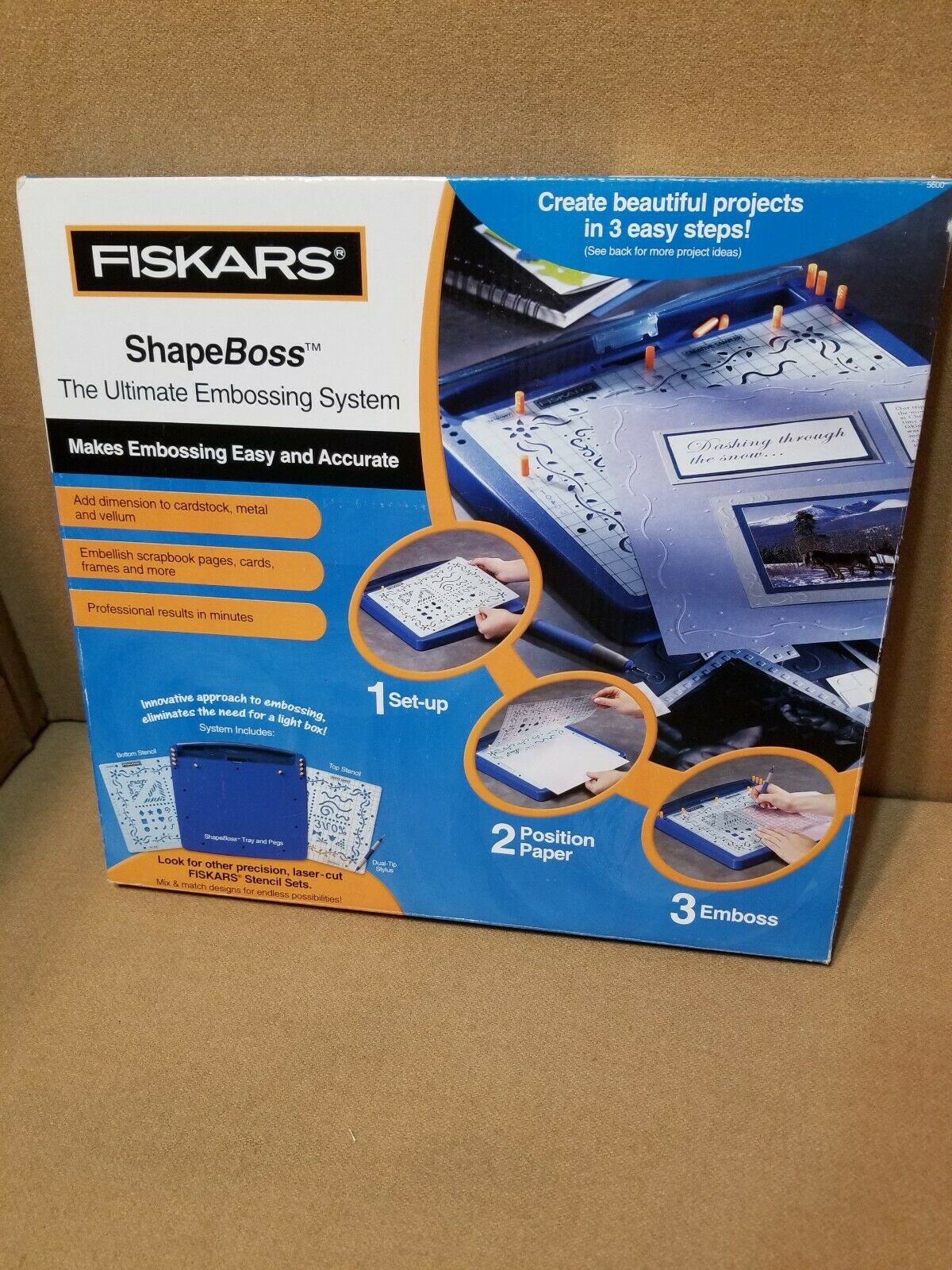 Fiskars Shape Boss Embossing System With 1 Stencil #5610, Stylus, & 10 Pegs