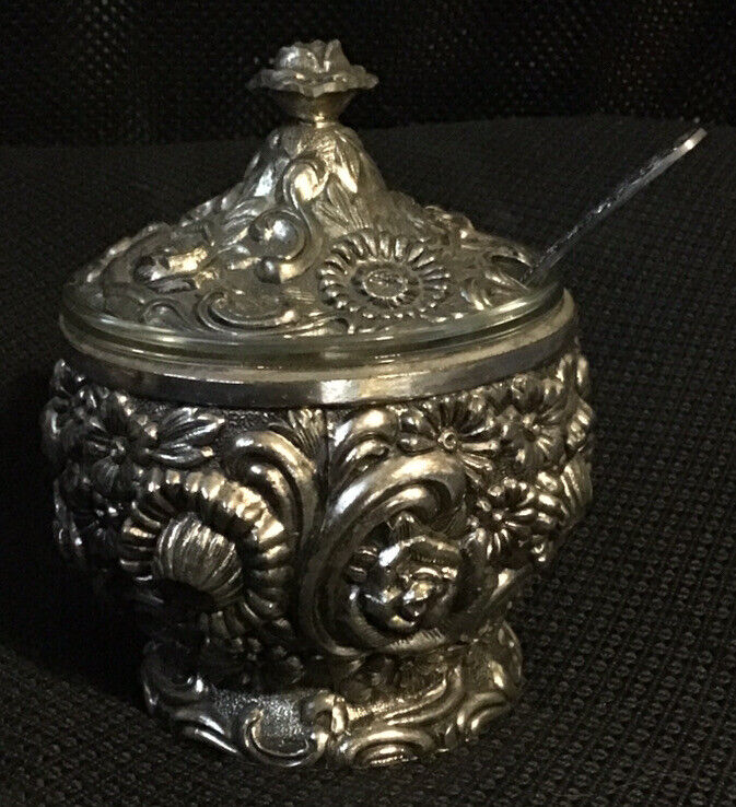 Antique Silver Plated Flowered Sugar Bowl With Lid And Spoon - Glass Insert