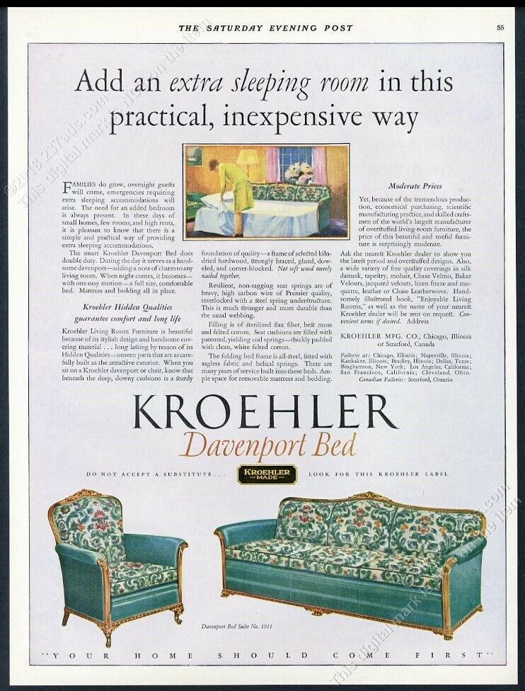 1927 Kroehler Davenport Sofa Bed Color Art Vintage Print Ad