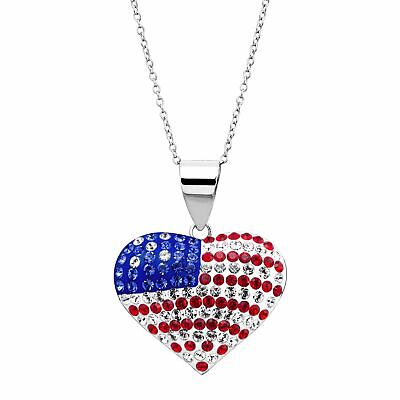 Crystaluxe American Flag Heart Pendant With Swarovski Crystals, Sterling Silver