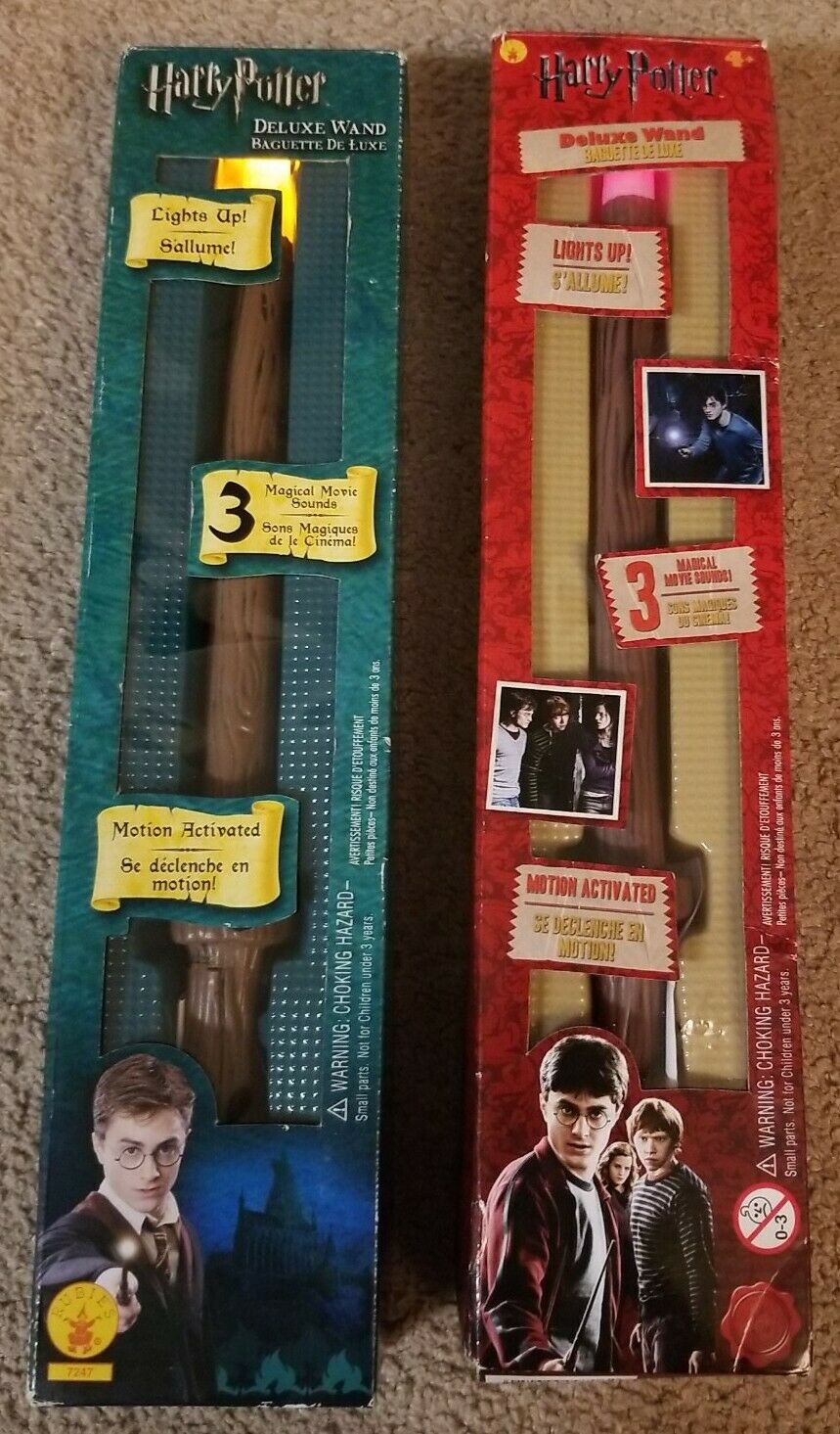 2 New Deluxe Harry Potter Motion Activated Wand W/3 Movie Sounds & Lights Works