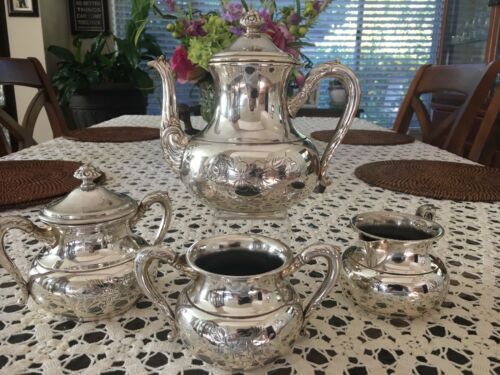 Vintage Rockford Silver P. Co. 4 Piece Floral Engraved Silver Plate Tea Set