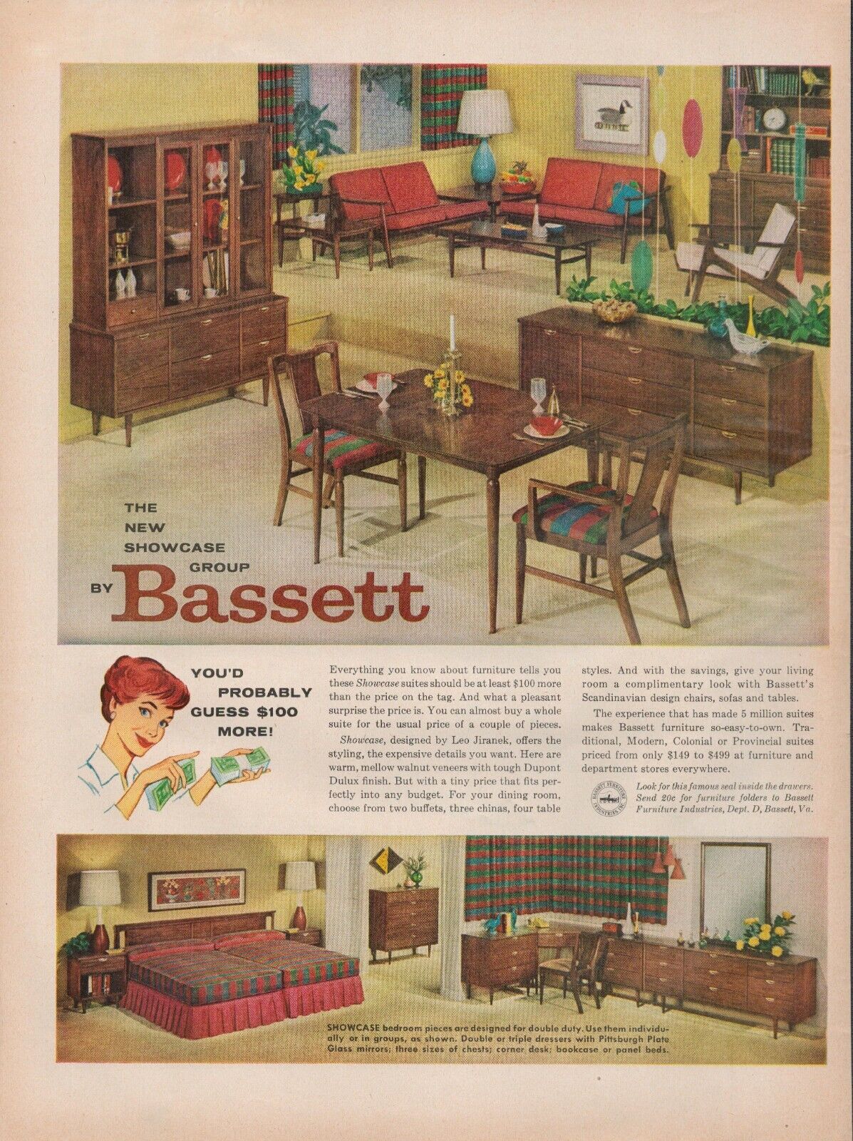 1959 Bassett Funiture New Showcase Group Design By Leo Jiranek Vintage Print Ad