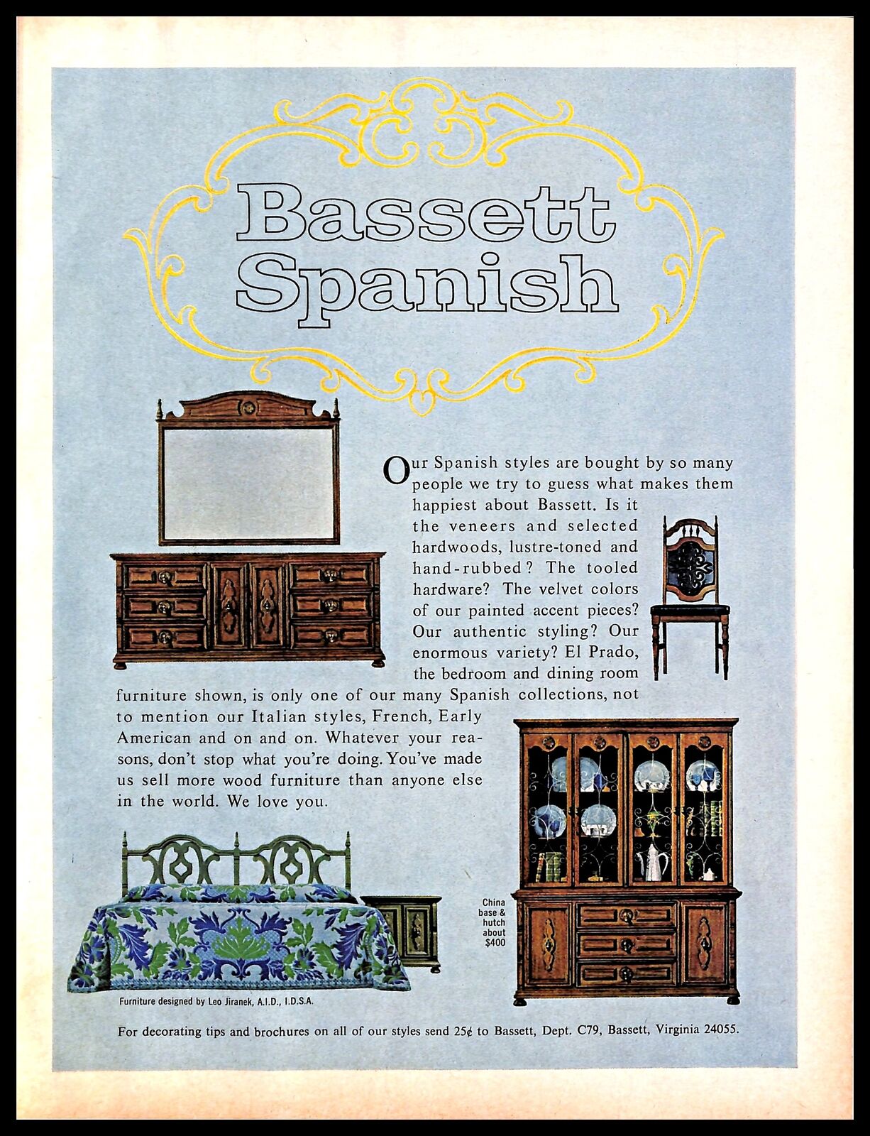 1967 Bassett Furniture Vintage Print Ad Wood Spanish Style Home Decor 1960s
