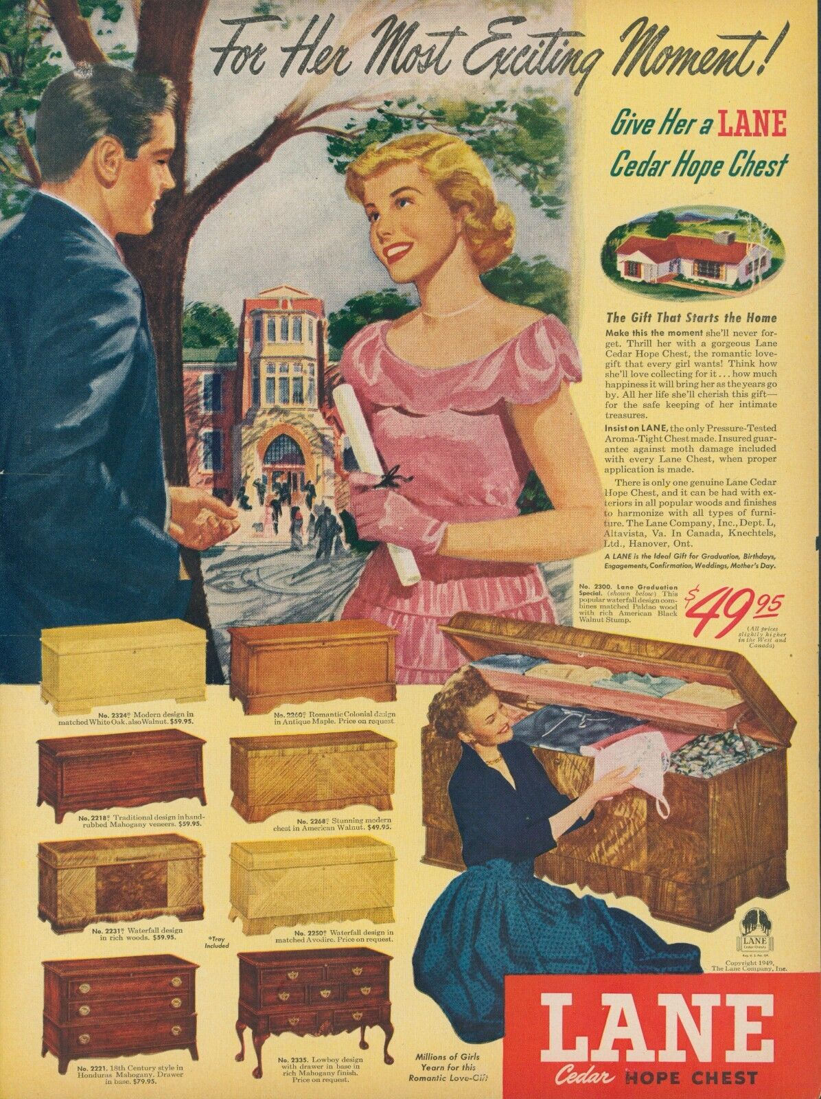 1949 Lane Cedar Hope Chest Vintage Print Ad Graduation Romantic Love Gift L2