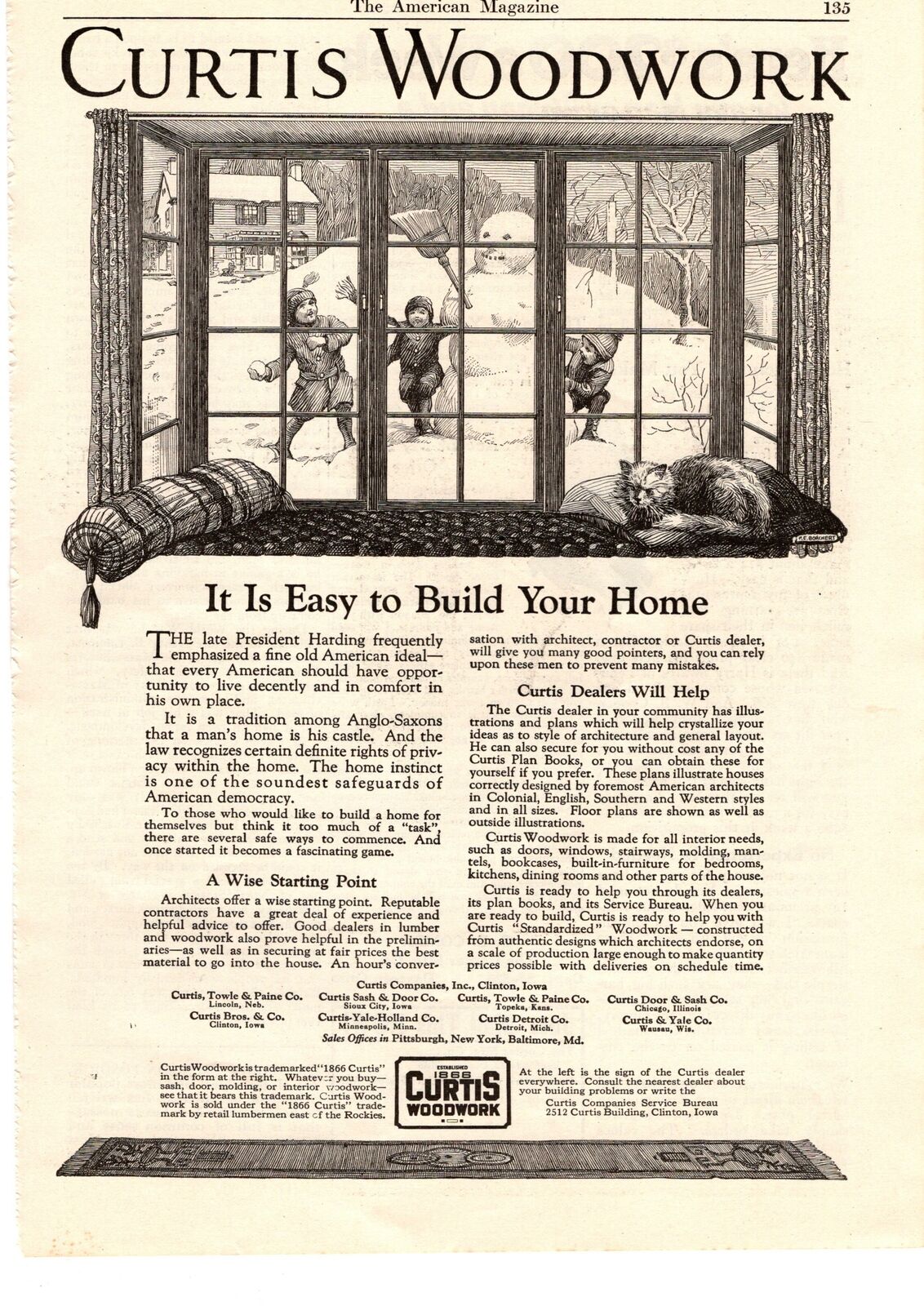 1923 Curtis Woodwork Clinton Iowa Children Snowball Fight Snowman Cat Print Ad