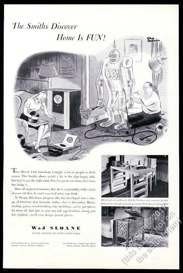 1942 Home Robot Charles Addams Cartoon W&j Sloane Nyc Vintage Print Ad