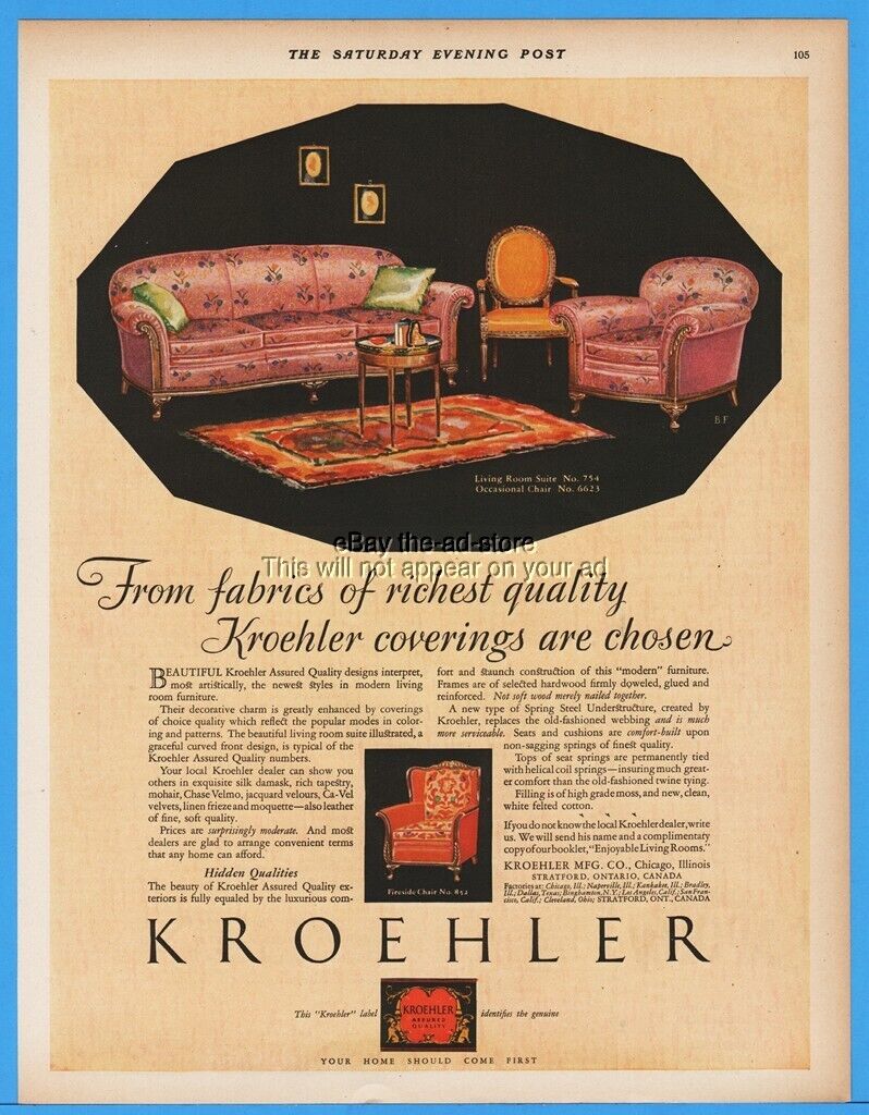 1928 Kroehler Furniture Living Room Suite Occasional Chair Victorian Style Ad