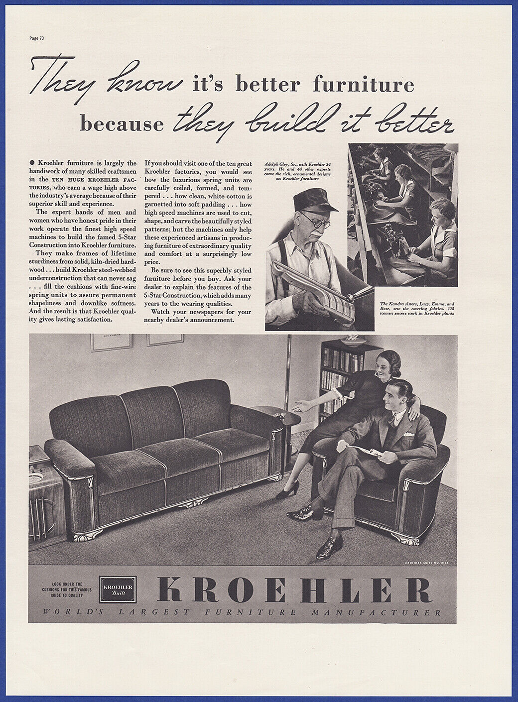 Vintage 1937 Kroehler Furniture Couch Chair Print Ad 30's