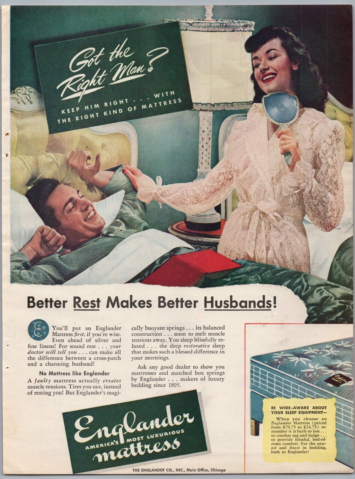 1946 Englander Mattress Vtg Print Ad Husband Wife Bedroom Bathrobe Chicago Il
