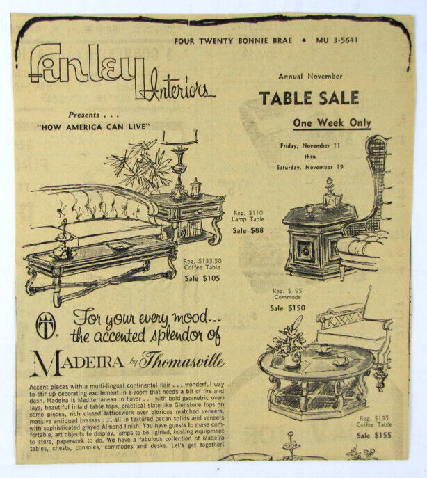 Vintage 1966 Thomasville Madeira Furniture Newspaper Print Ad