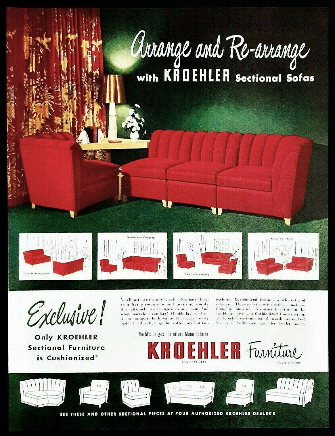 Kroehler Sofa Furniture Ad Vtg 1948 Red Sectional Couch Original Advertisement