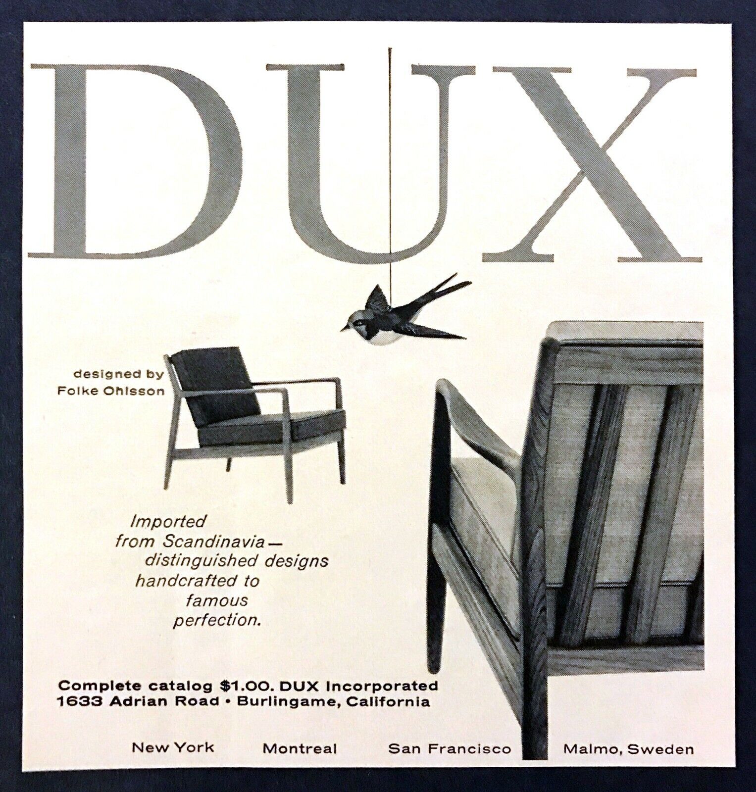 1959 Scandinavian Chair By Folke Ohlsson Photo Dux Furniture Vintage Print Ad