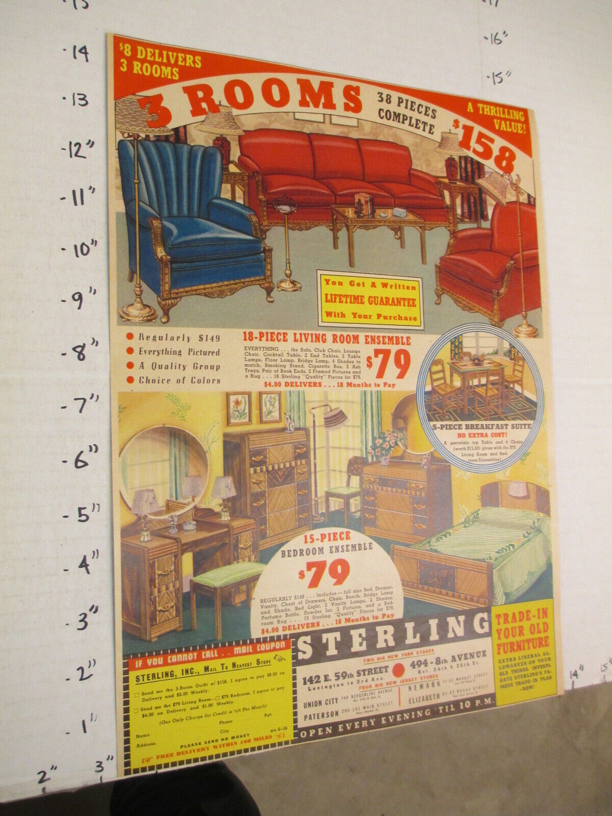 Newspaper Ad 1940 Sterling Furniture Set $158 38pc Living Room Bed Mirror Red
