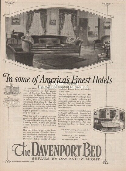 1923 Davenport Bed Makers Of America Sofa Edgewater Beach Hotel Chicago Il Ad