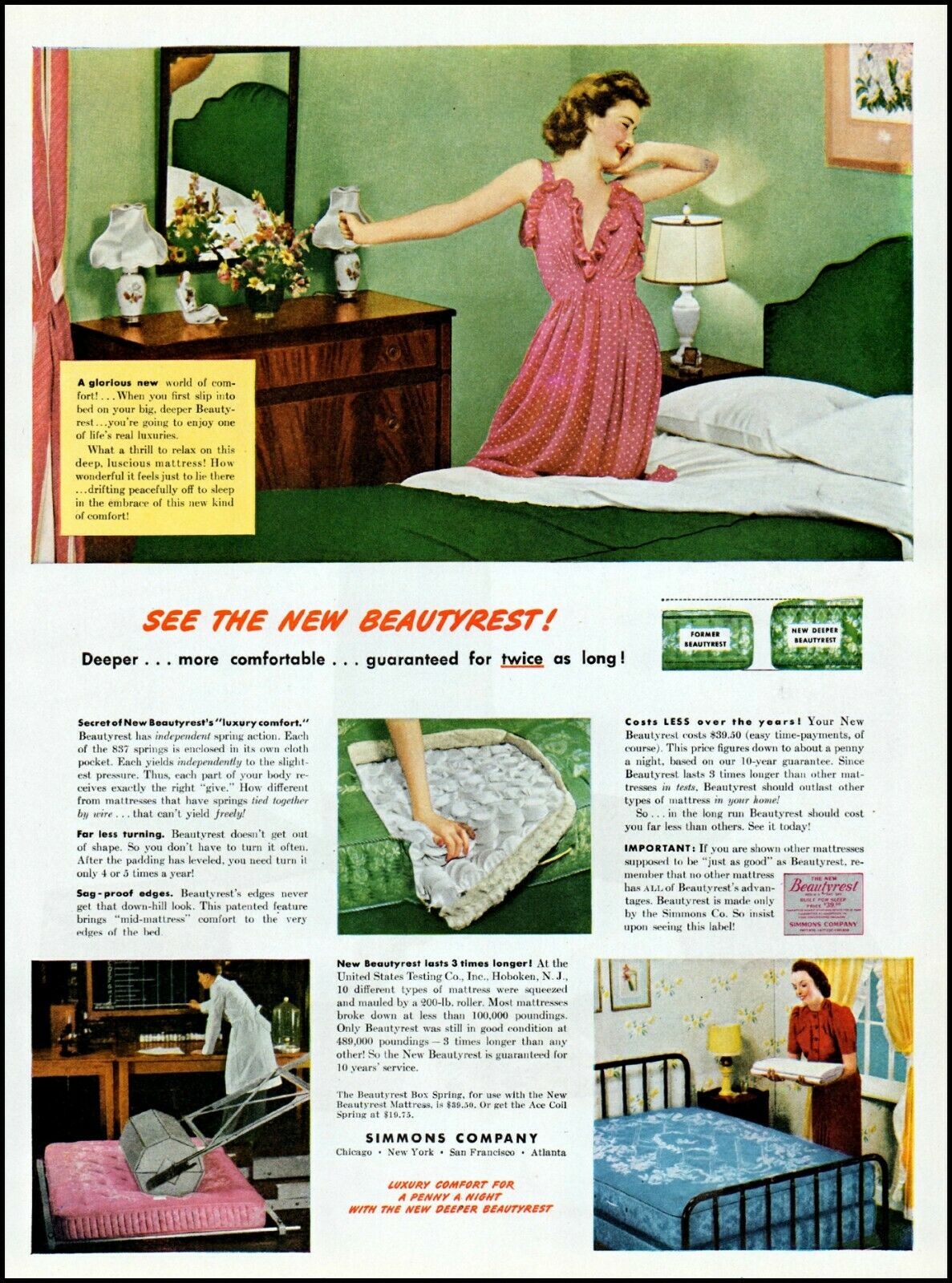1939 Woman In Nightgown Simmons Beautyrest Mattress Vintage Photo Print Ad Adl70