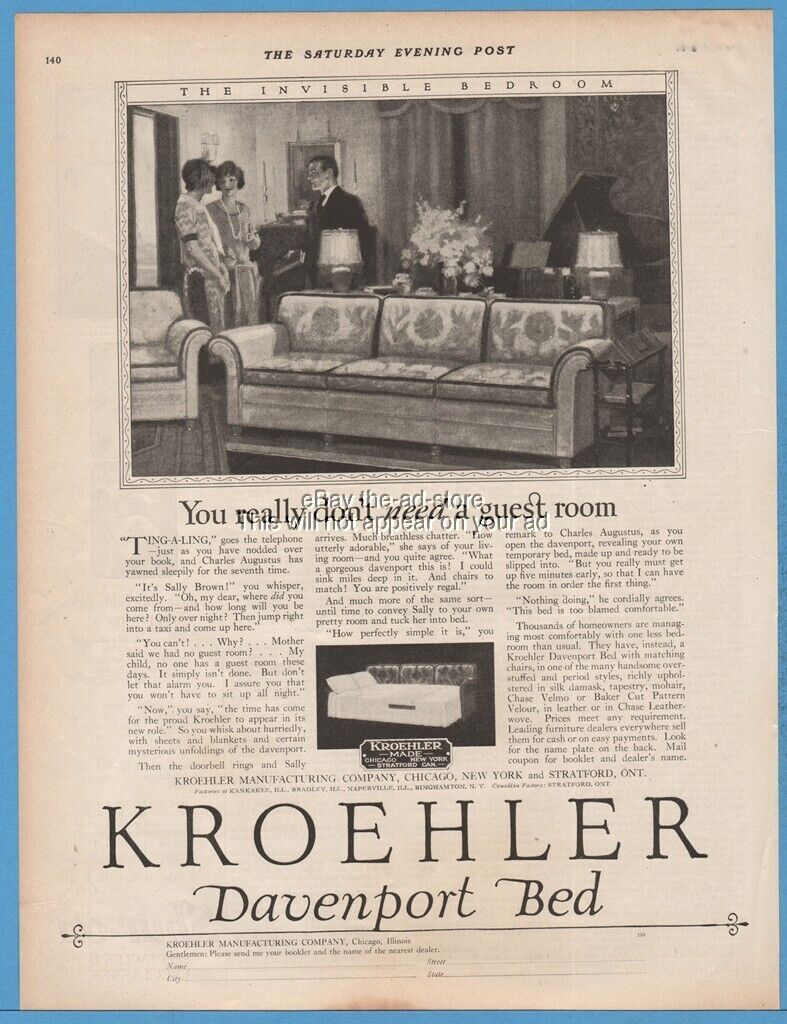 1924 Kroehler Davenport Bed Couch Sleeper Sofa Vintage Furniture Home Decor Ad