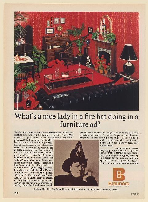 1971 Lillie Coit Lady In Fire Hat Breuners Furniture Californians Contest Ad