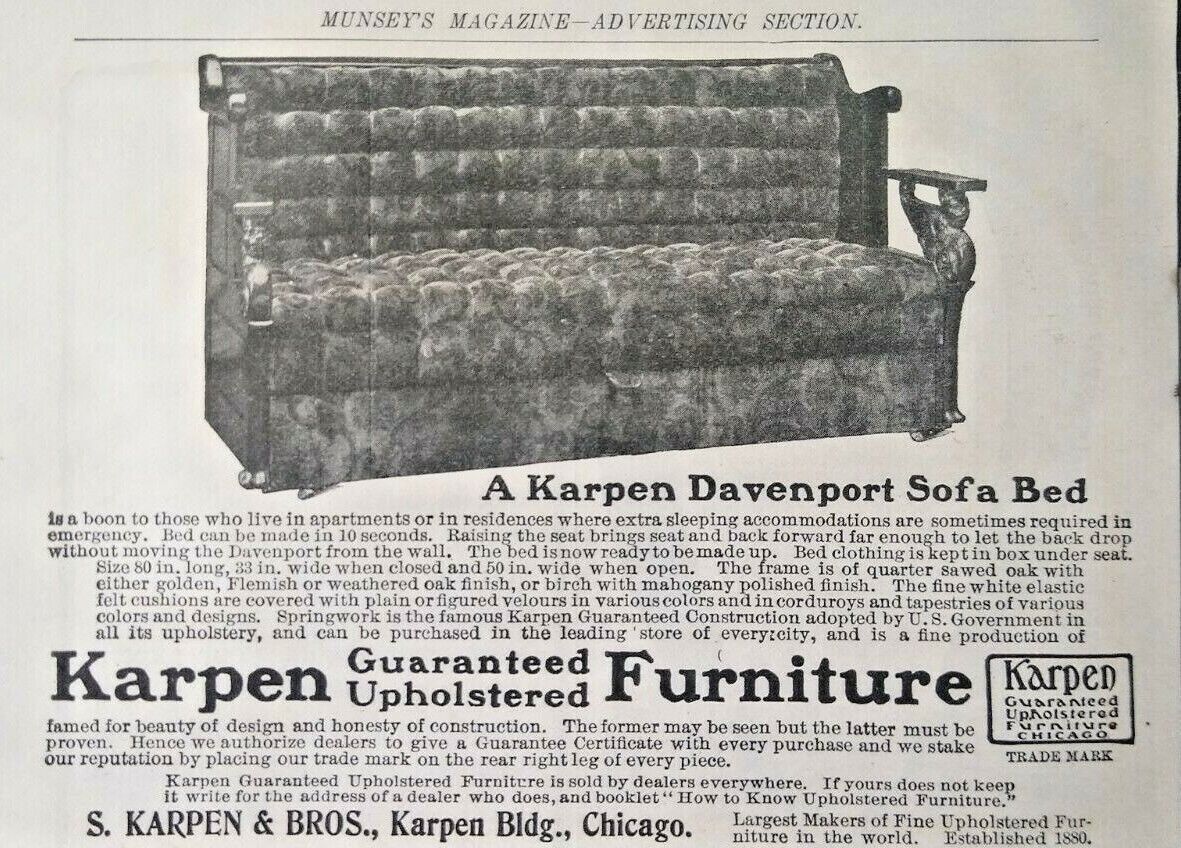 Karpen Davensport Sofa Furniture Art Chicago Illinois 1902 Vintage Print Ad