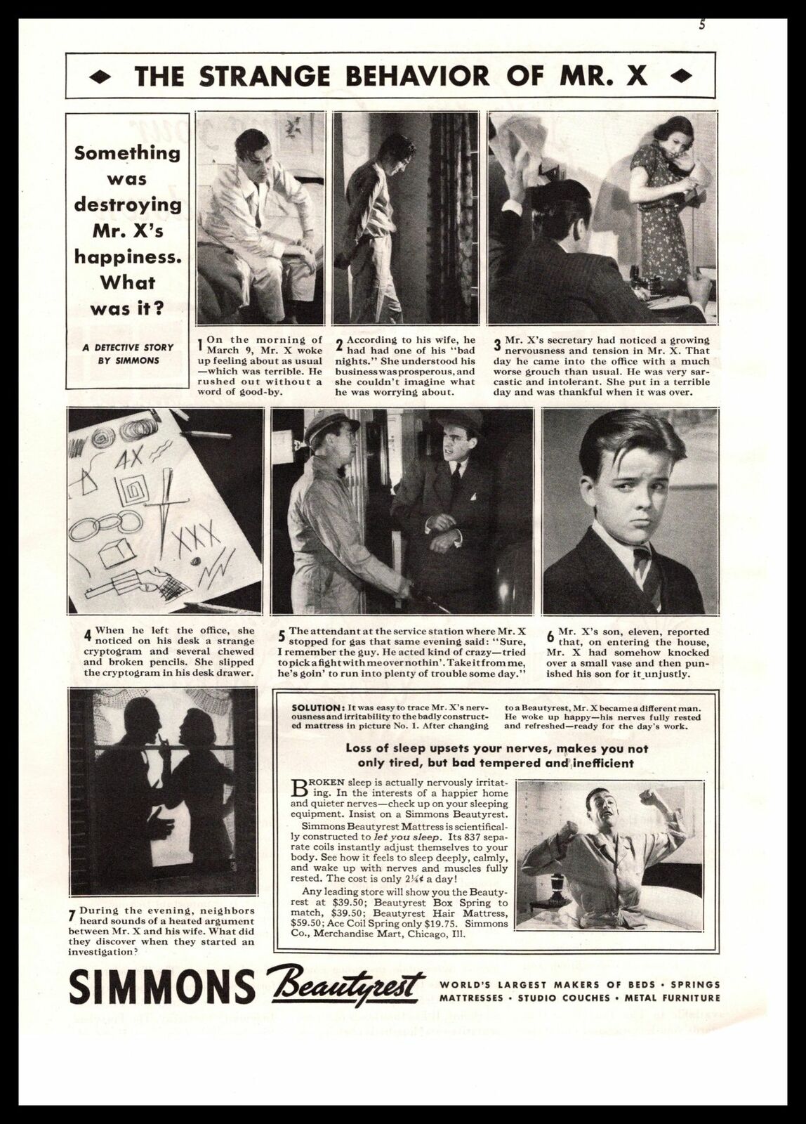1938 Simmons Beautyrest Mattress "the Strange Behaviour Of Mr, X" Sleep Print Ad