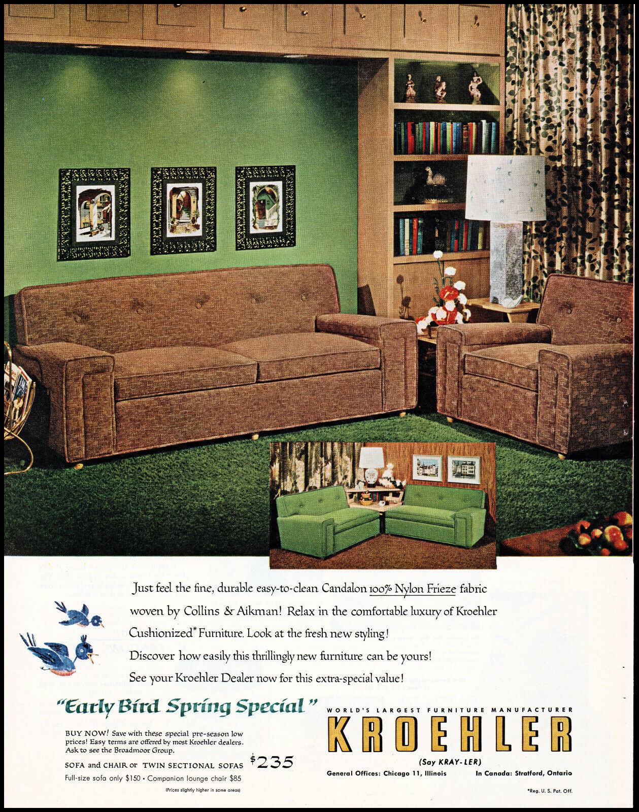 1954 Kroehler Home Furniture Early Bird Spring Special Retro Photo Print Ad L93